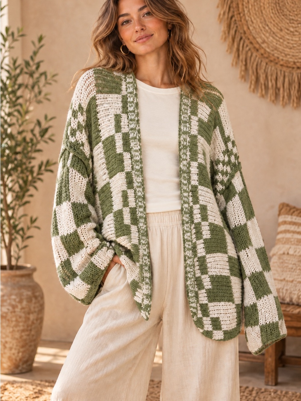 BiBi Green and Cream Open-Front Check Knit Cardigan 🌼 ☀️